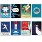 Set of 8 vintage Winter Olympics posters fridge magnets, featuring colorful Olympic-themed designs on a magnetic surface.