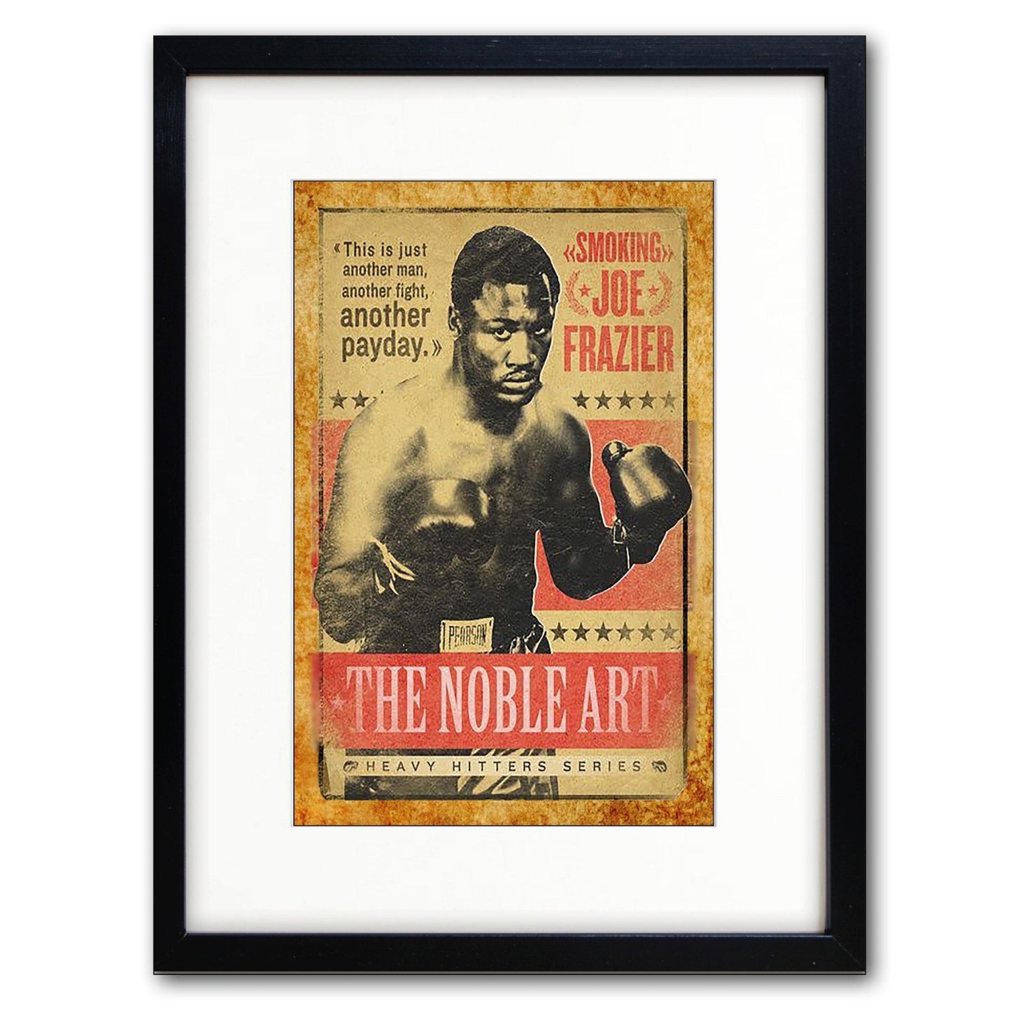 Vintage boxing fight poster print featuring Joe Frazier, promotional sports artwork by Bubbadoodoo.
