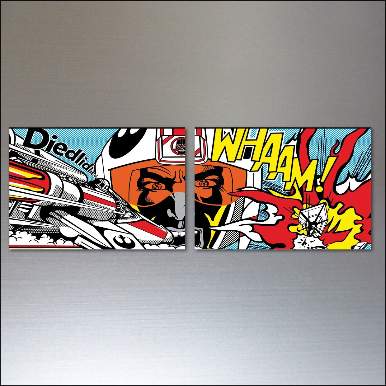 Set of 8 vintage pop art fridge magnets inspired by Roy Lichtenstein, featuring colorful retro comic book designs.