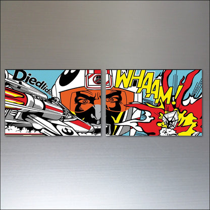 Set of 8 vintage pop art fridge magnets inspired by Roy Lichtenstein, featuring colorful retro comic book designs.