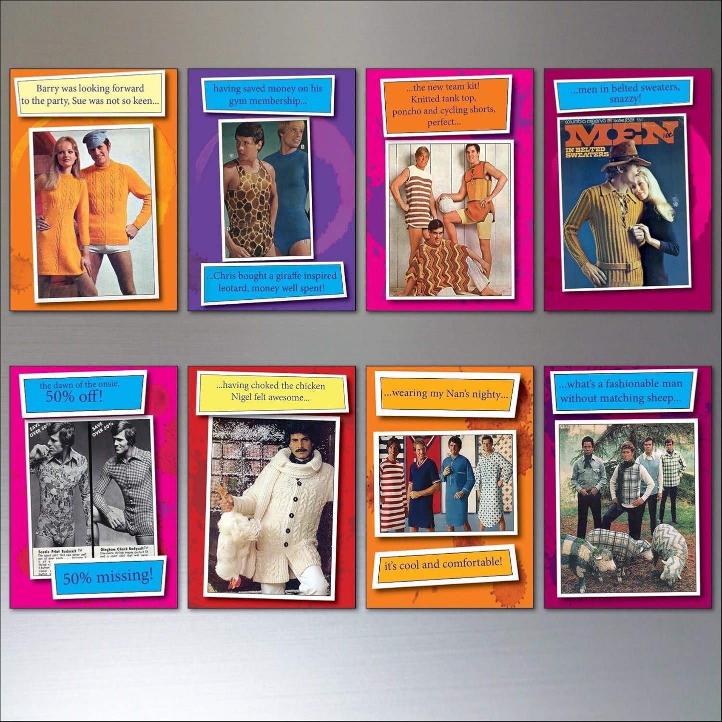 Set of eight funny knitwear 1970s fashion fridge magnets, featuring colorful vintage knitwear designs for a retro kitchen decor.