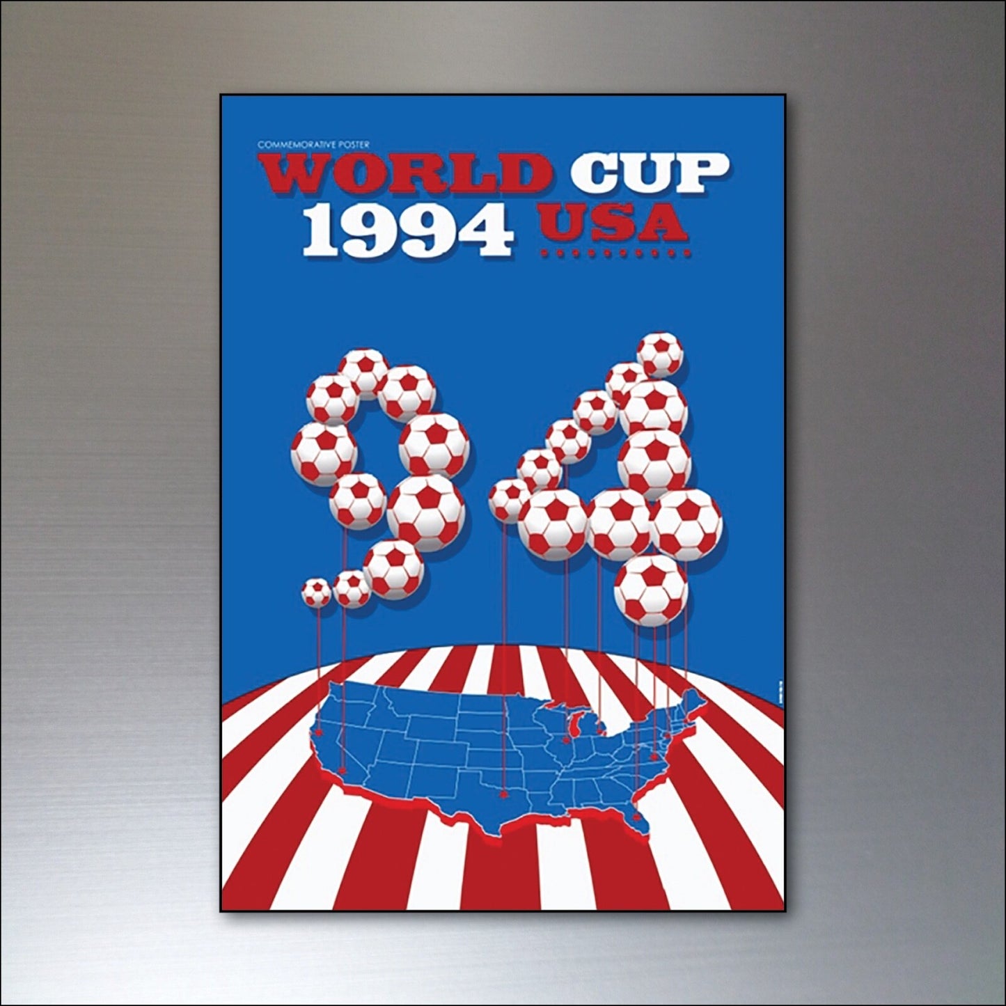 Set of 8 vintage football World Cup posters fridge magnets from 1986 to 2014, featuring iconic tournament images and designs.