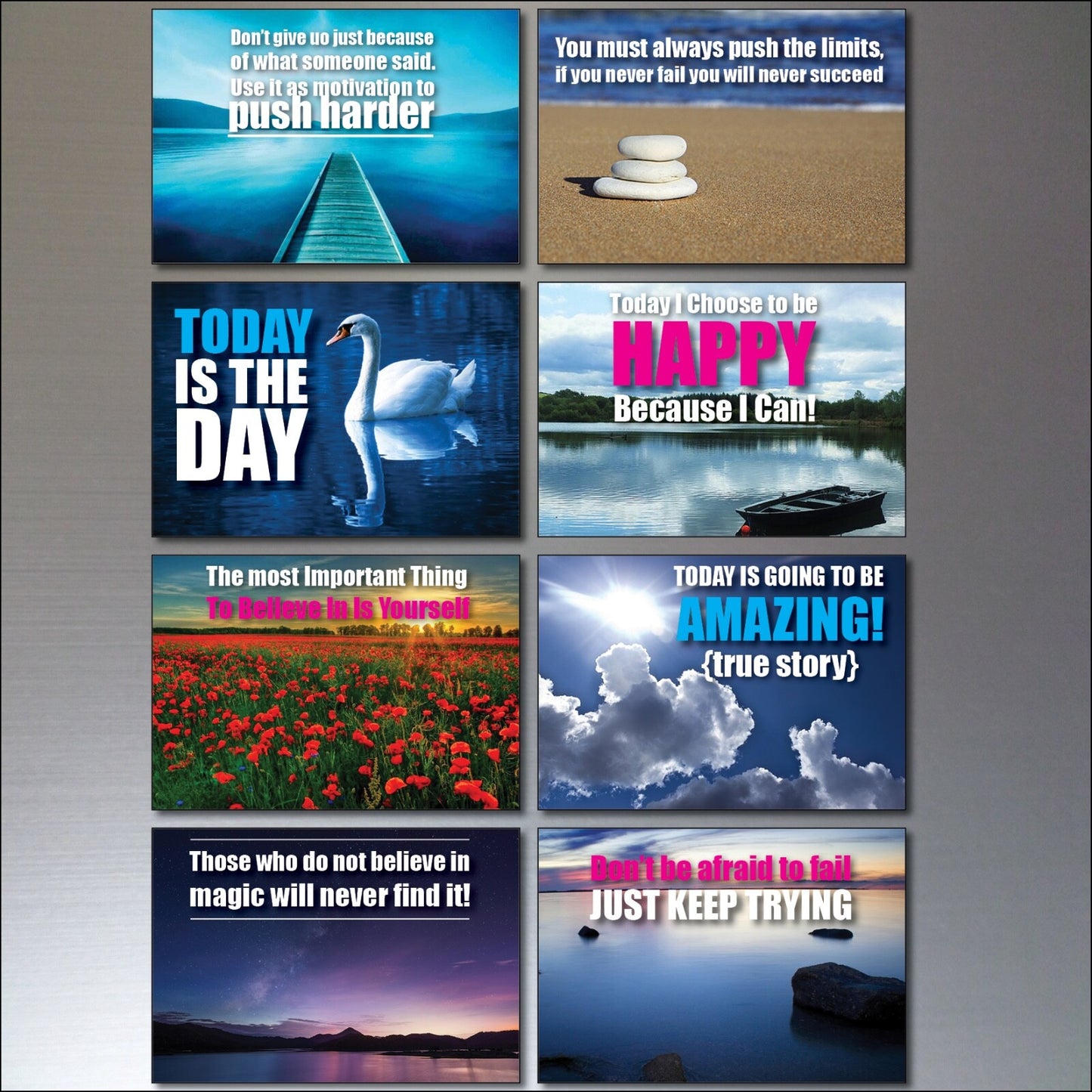 Set of 8 motivational and inspirational quotes fridge magnets with colorful designs, perfect for decorating your kitchen.