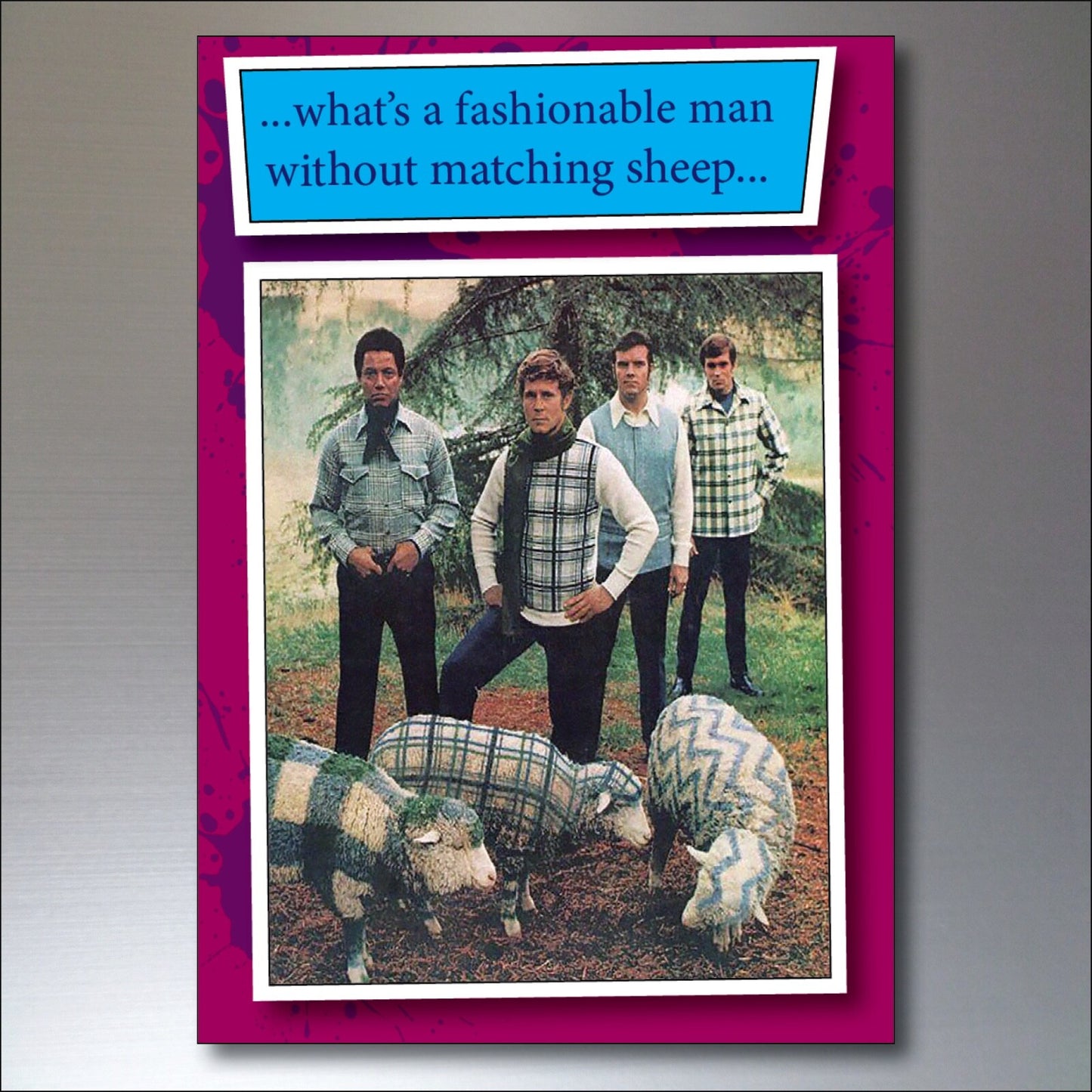 Set of eight funny 1970s knitwear fridge magnets, colorful and quirky fashion-themed magnets for refrigerators.