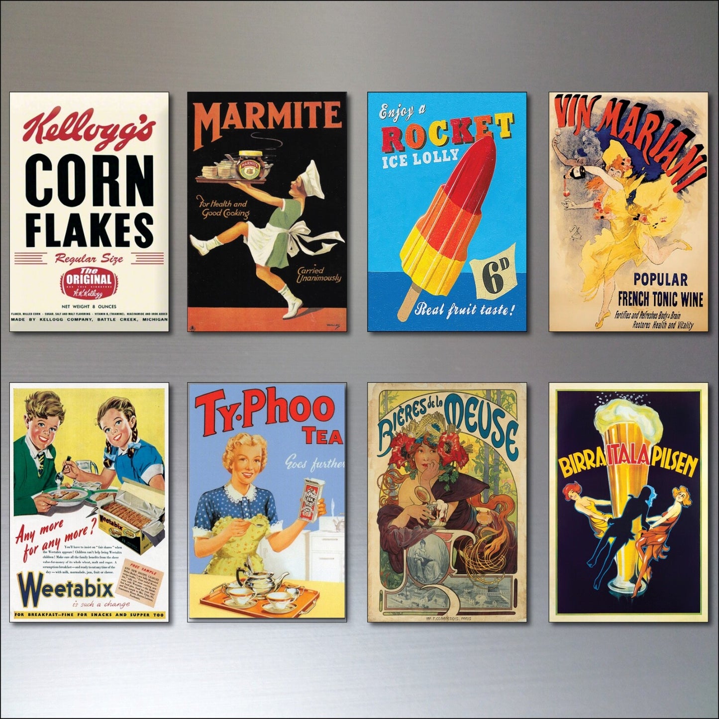 Set of 8 vintage fridge magnets featuring Meat Free vegetarian adverts and retro posters, unbranded, colorful and nostalgic.
