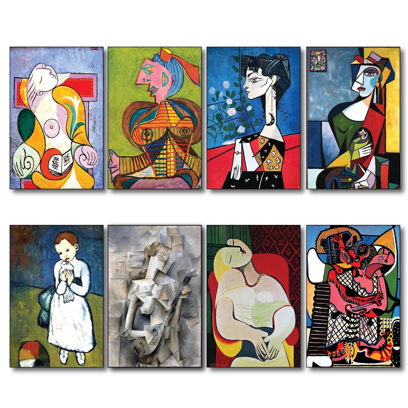 Set of 8 vintage Picasso fridge magnets featuring surrealist Spanish art, showcasing colorful Picasso paintings and artistic details.