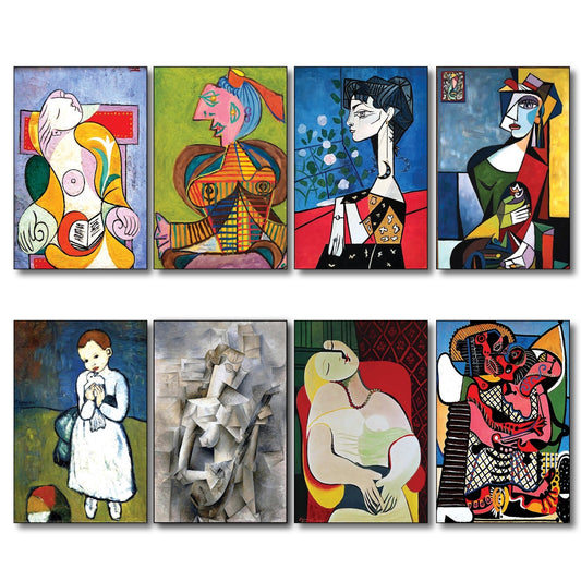 Set of 8 vintage Picasso fridge magnets featuring surrealist Spanish art, showcasing colorful Picasso paintings and artistic details.