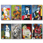 Set of 8 vintage Picasso fridge magnets featuring surrealist Spanish art, showcasing colorful Picasso paintings and artistic details.