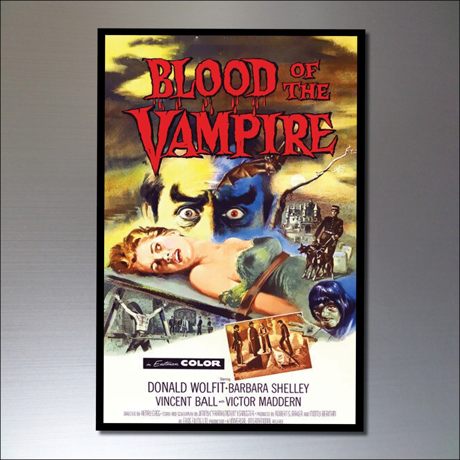 Set of 8 vintage horror movie poster fridge magnets featuring classic horror film artwork and titles, ideal for refrigerator decor.
