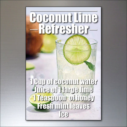 Set of 6 non-alcoholic mocktail fridge magnets featuring colorful recipe illustrations for kitchen decor.