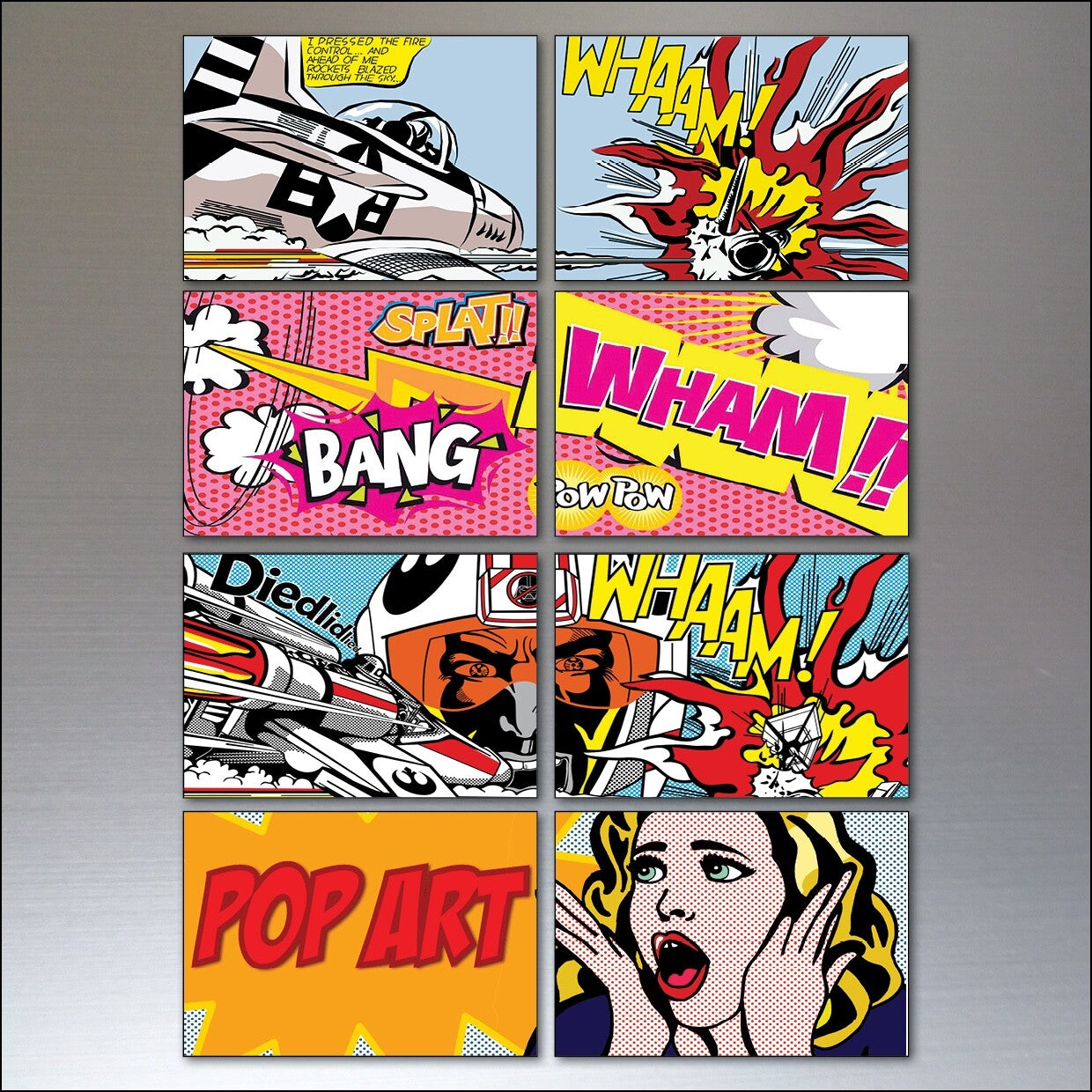 Set of 8 vintage retro pop art fridge magnets featuring bold graphic designs inspired by Lichtenstein's style.