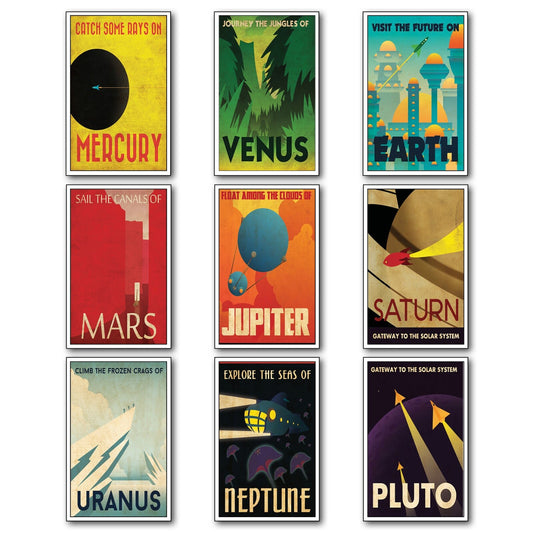 Set of nine vintage retro sci-fi space planet magnets featuring colorful planets and cosmic artwork, ideal for magnetic surfaces.
