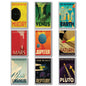 Set of nine vintage retro sci-fi space planet magnets featuring colorful planets and cosmic artwork, ideal for magnetic surfaces.