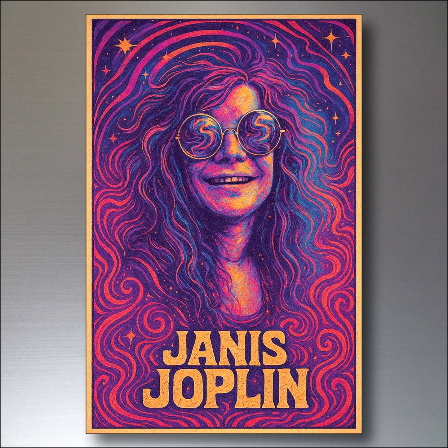 Set of 8 vintage 1960s and 70s psychedelic music posters fridge magnets by Bubbadoodoo, featuring colorful, retro music-inspired designs.