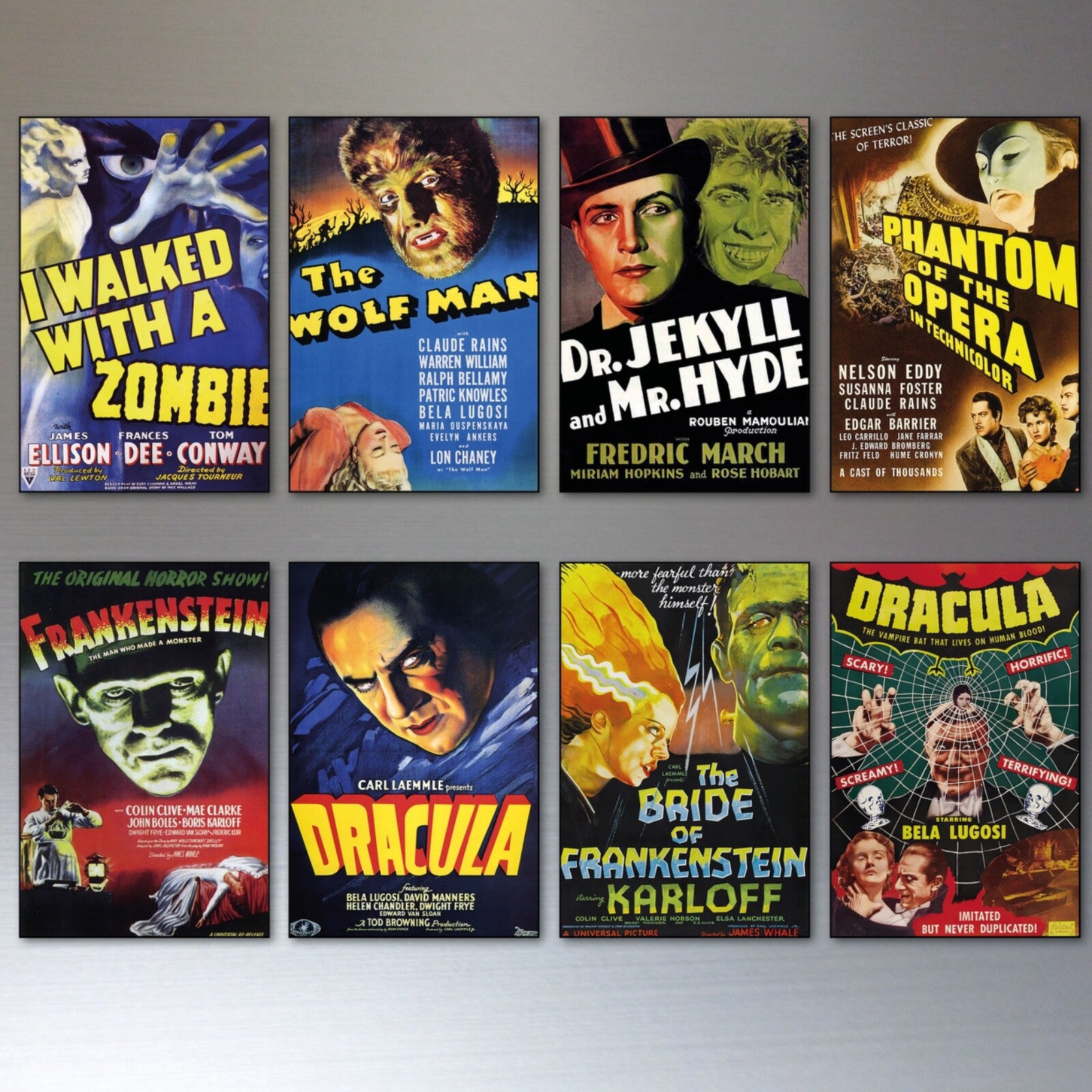 Set of 8 vintage horror movie poster fridge magnets featuring classic horror film artwork and designs.