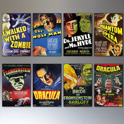 Set of 8 vintage horror movie poster fridge magnets featuring classic horror film artwork and designs.