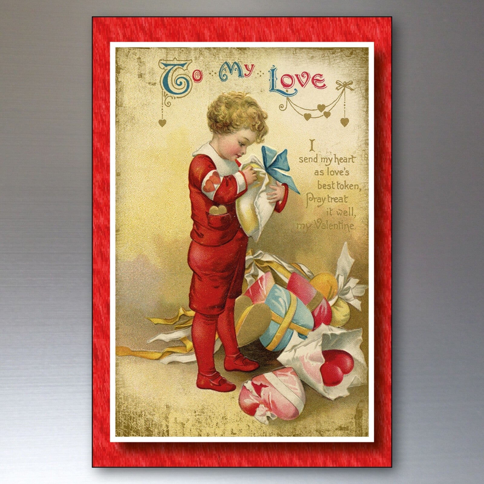 Set of 8 vintage Valentines fridge magnets featuring classic Valentine’s Day cards by Bubbadoodoo, ideal for refrigerator decor.