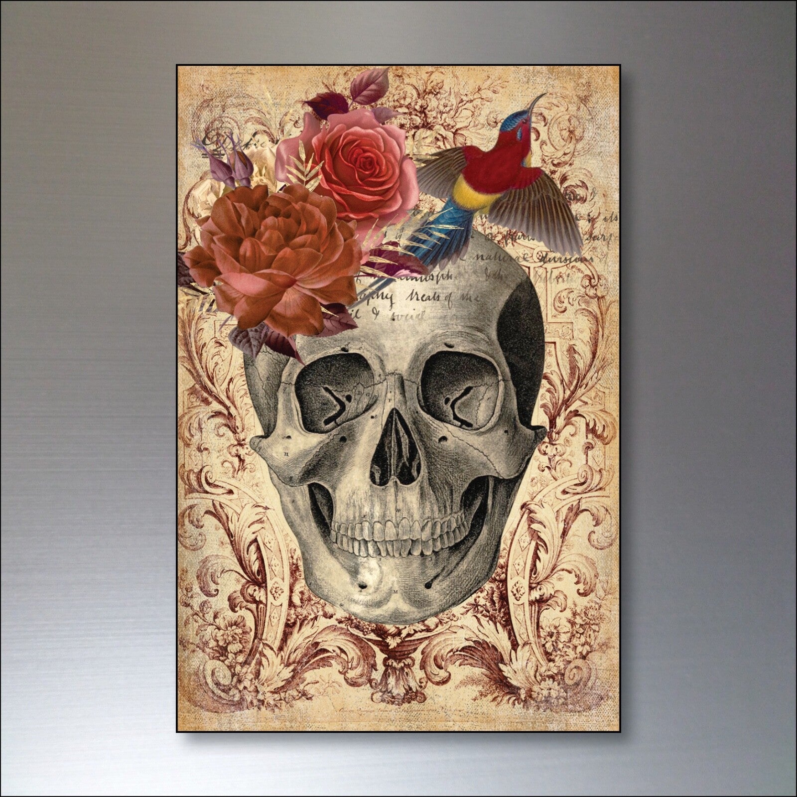 Vintage Halloween fridge magnet set featuring gothic skulls, birds, bats, and roses, with 8 decorative magnetic designs.