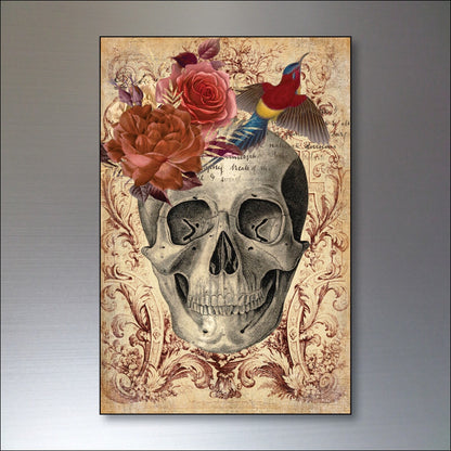 Vintage Halloween fridge magnet set featuring gothic skulls, birds, bats, and roses, with 8 decorative magnetic designs.