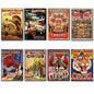 Set of 8 vintage circus and performance posters fridge magnets featuring colorful, retro-style designs and classic performance imagery.
