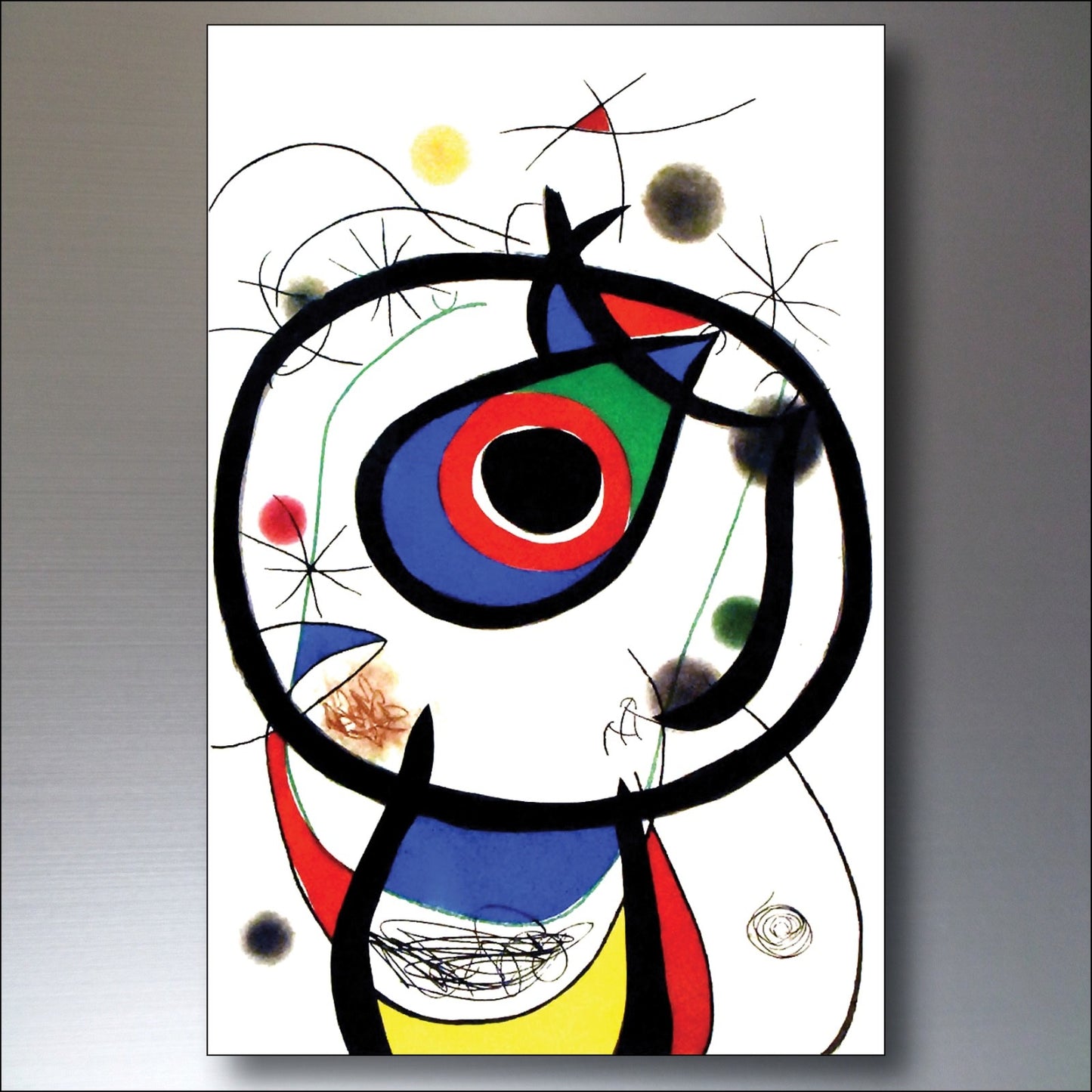 Set of 8 vintage Joan Miró fridge magnets featuring surrealist Spanish art, showcasing colorful abstract designs.