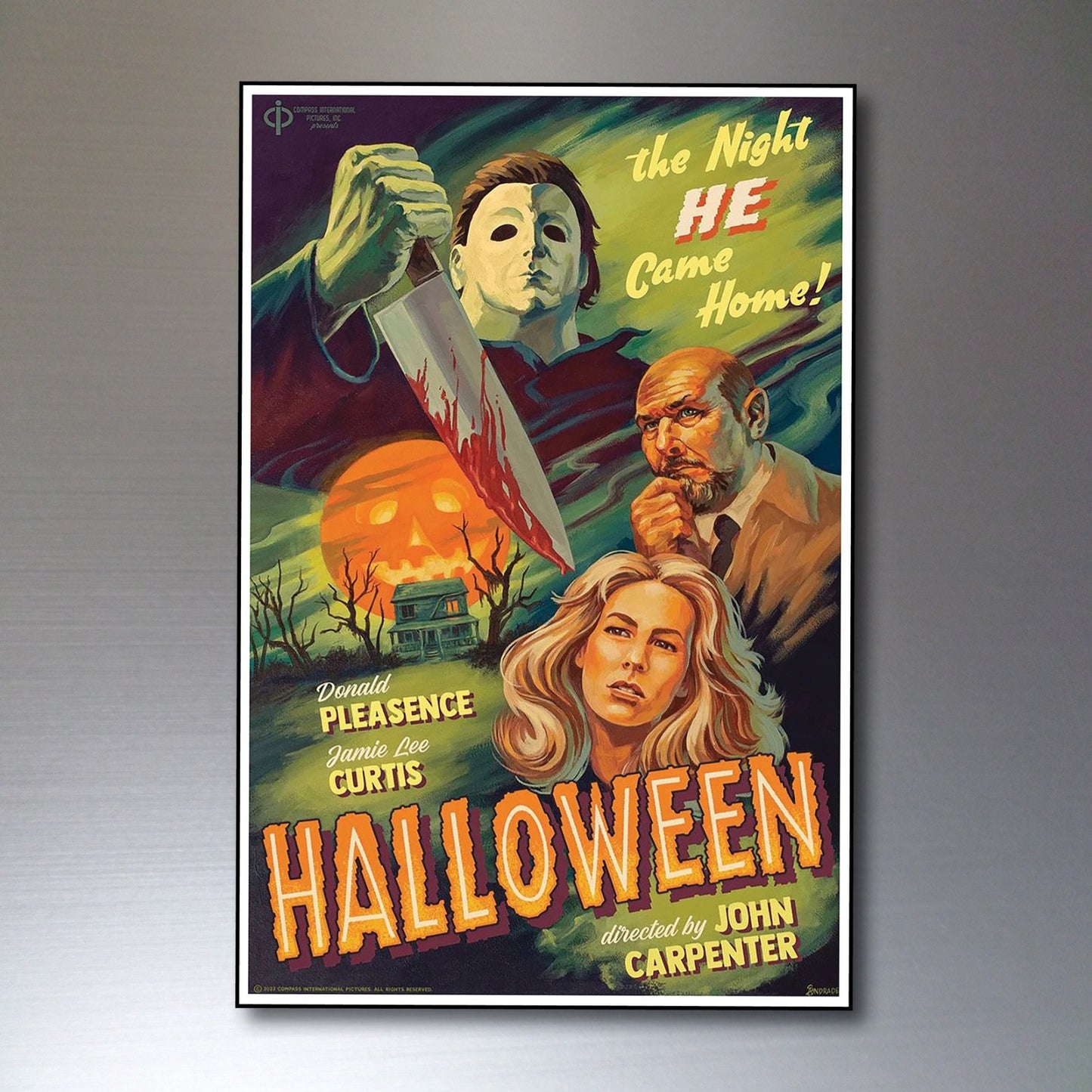 Set of 8 vintage horror film poster fridge magnets featuring classic horror movie artwork and designs.