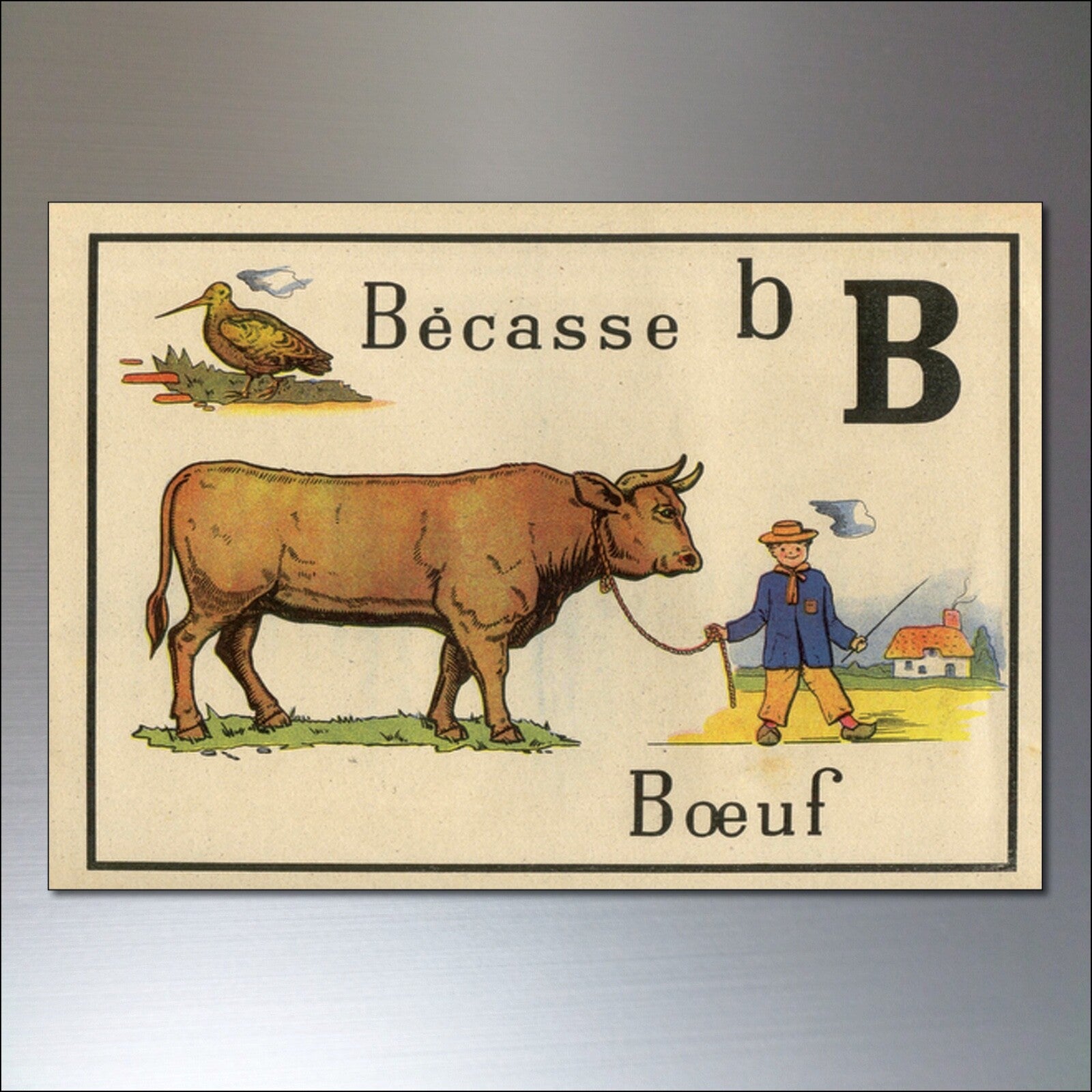 Set of 8 vintage retro French children's alphabet fridge magnets featuring colorful, chic letter designs on a magnetic surface.