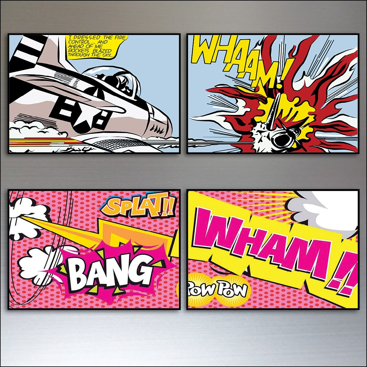 Set of 8 vintage retro pop art fridge magnets featuring bold colors and comic-style designs inspired by Lichtenstein artwork.