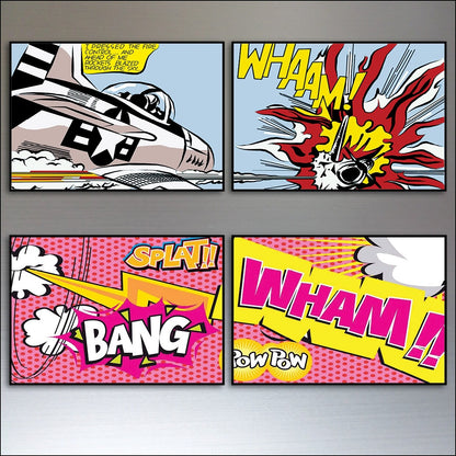 Set of 8 vintage retro pop art fridge magnets featuring bold colors and comic-style designs inspired by Lichtenstein artwork.