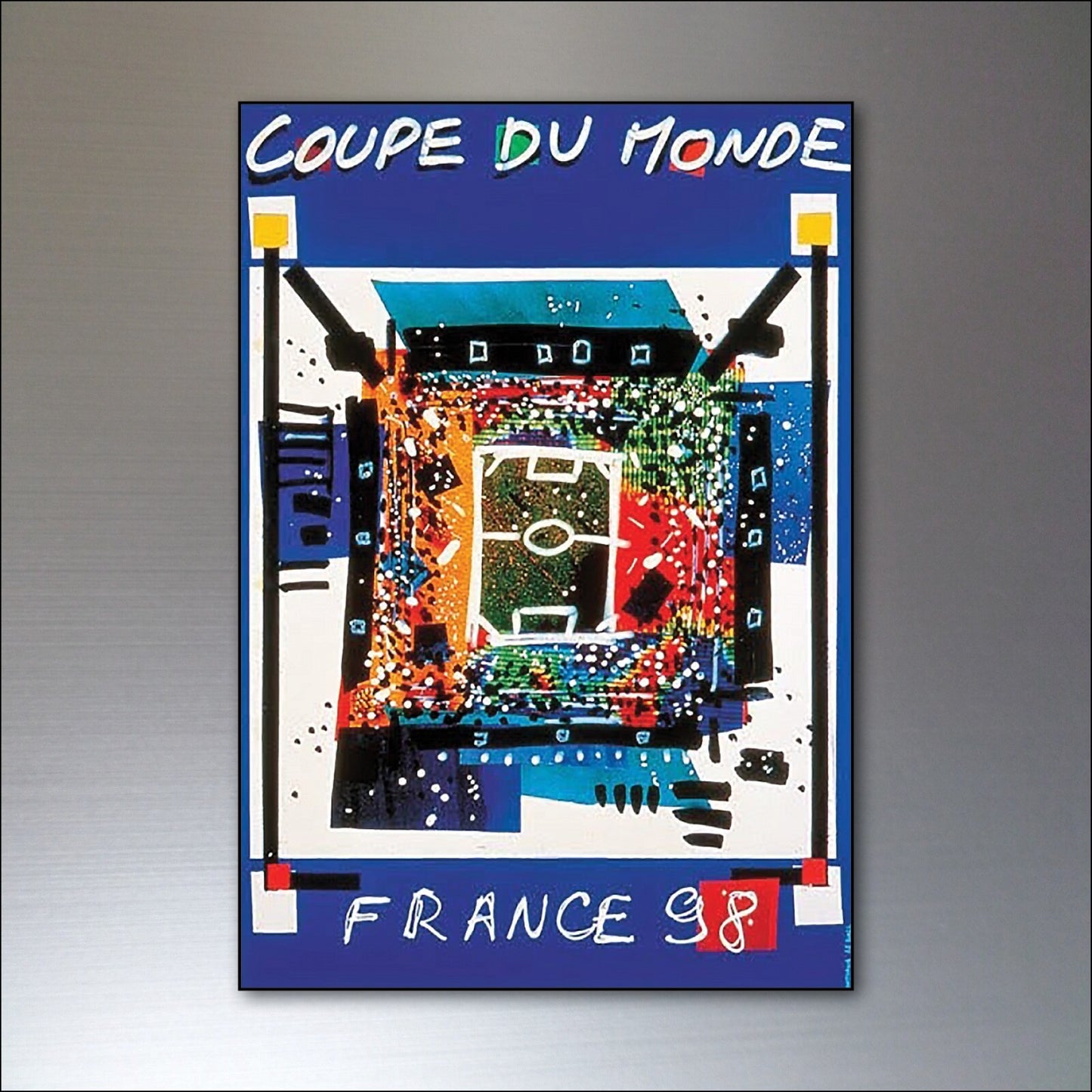 Set of 8 vintage football World Cup posters fridge magnets from 1986 to 2014, featuring iconic tournament images and designs.
