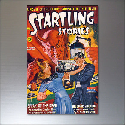Set of 8 vintage sci-fi comic cover fridge magnets featuring colorful, retro science fiction artwork on flexible magnetic surfaces.