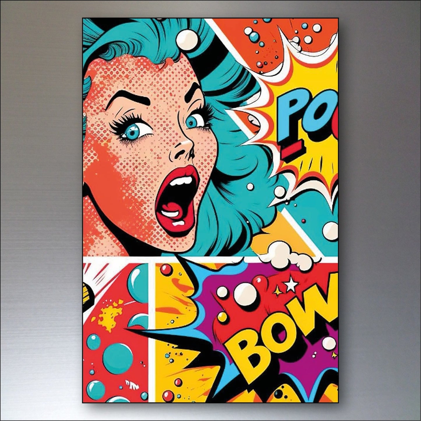 Set of 8 vintage retro pop art fridge magnets featuring colorful, bold designs on a white background.