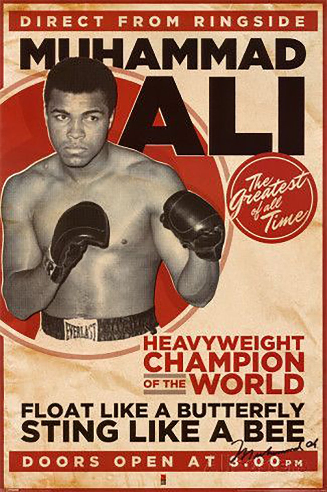 Vintage boxing poster print collection featuring images of Ali, Tyson, Frazier, and Marciano by Bubbadoodoo, showcasing classic fight scenes.
