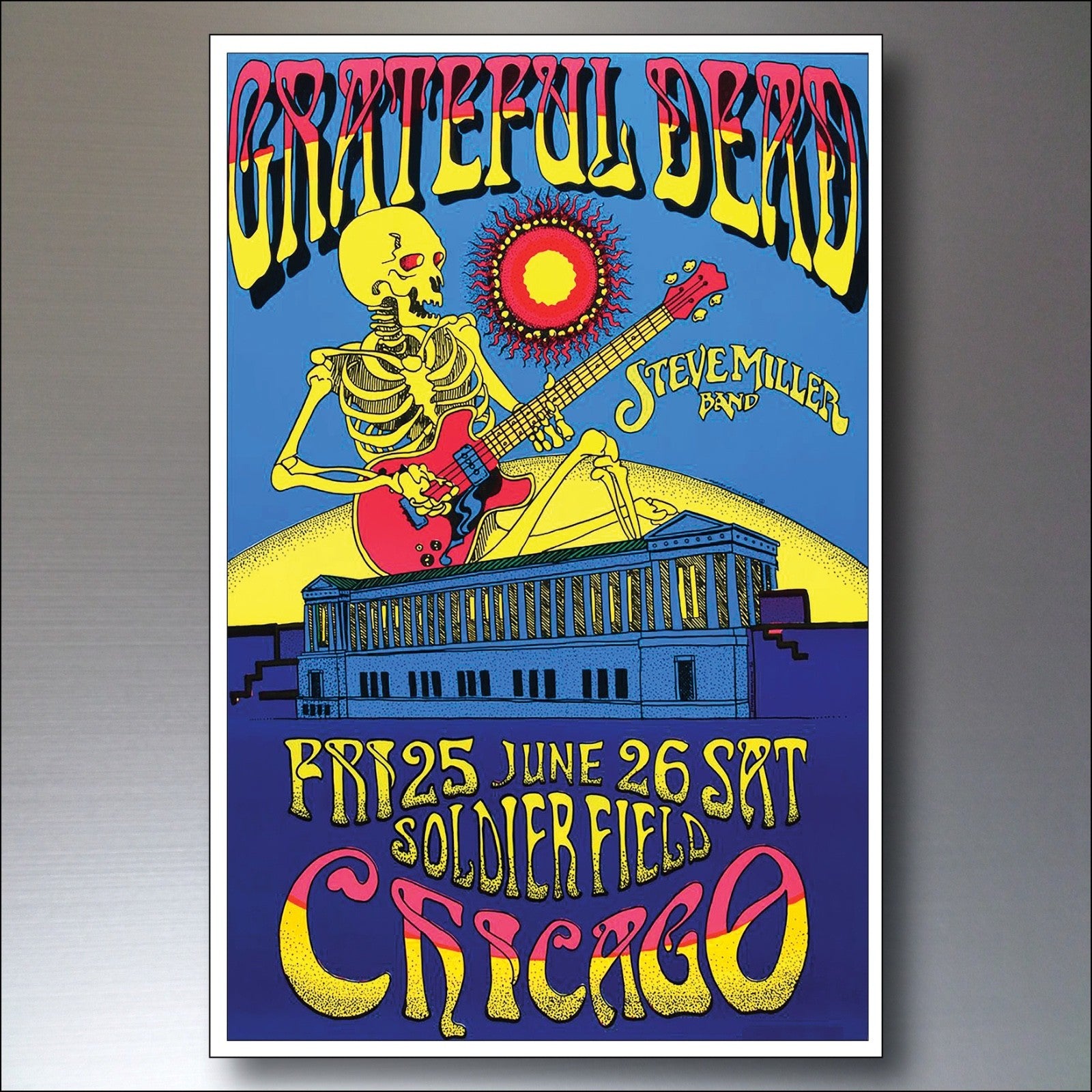 Set of 8 vintage 1960s and 70s psychedelic music posters fridge magnets featuring colorful, retro-inspired designs.