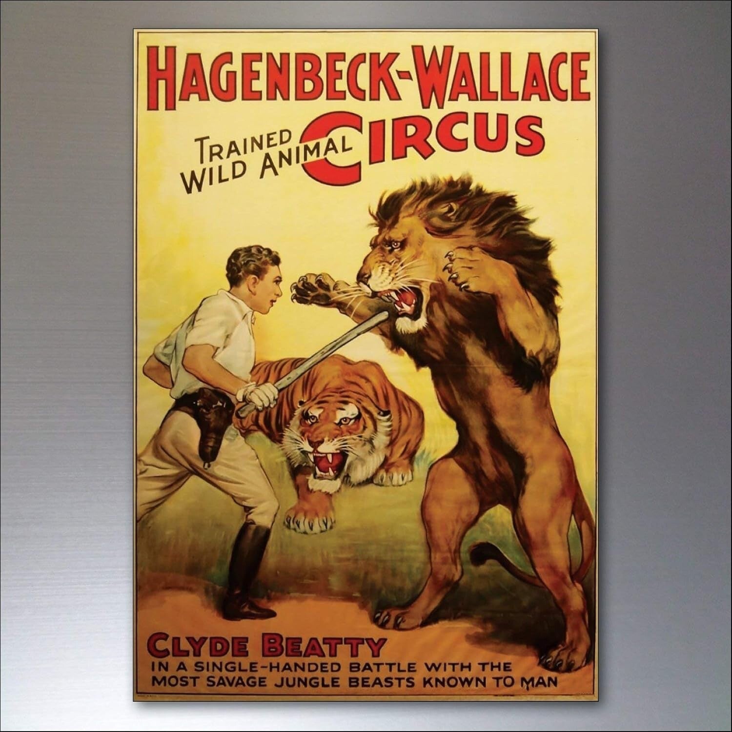 Set of 8 vintage circus and performance posters fridge magnets by Showman, featuring colorful retro circus and performance scenes.
