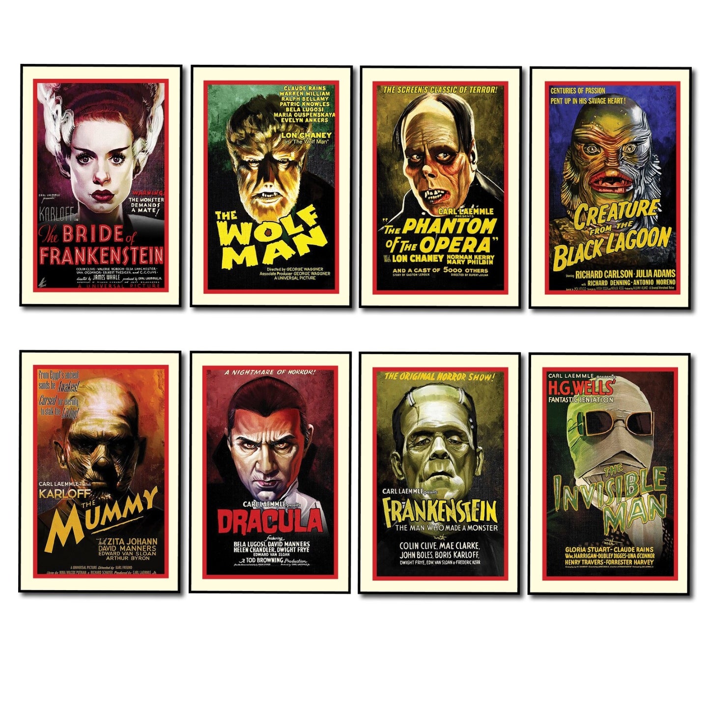 Set of 8 vintage Hammer Horror movie poster fridge magnets featuring classic horror film artwork and iconic characters.