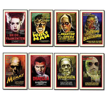 Set of 8 vintage Hammer Horror movie poster fridge magnets featuring classic horror film artwork and iconic characters.