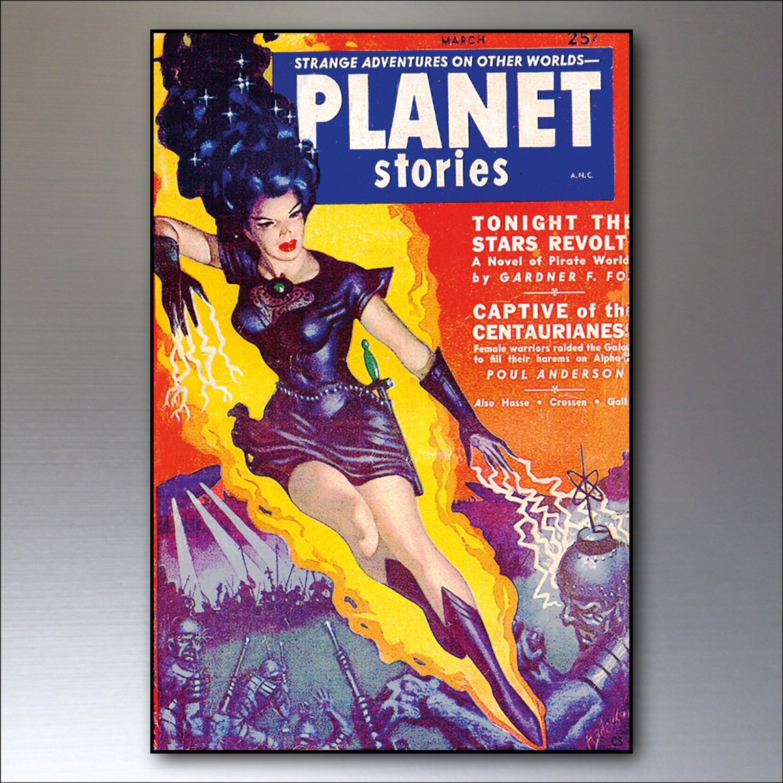 Set of 8 vintage sci-fi novel artwork fridge magnets featuring retro science fiction designs and colorful space-themed illustrations.