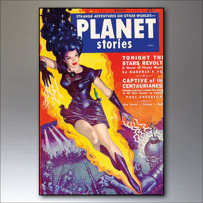 Set of 8 vintage sci-fi novel artwork fridge magnets featuring retro science fiction designs and colorful space-themed illustrations.