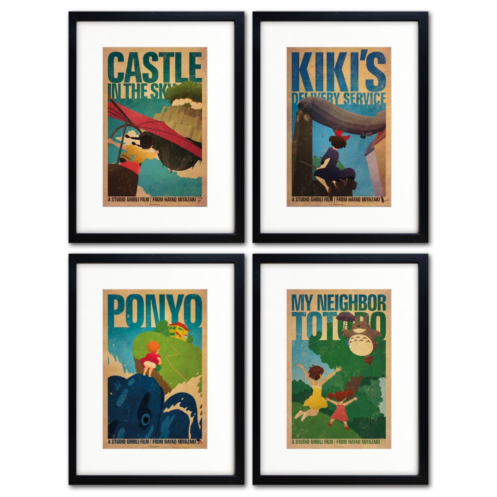 Collection of four high gloss Studio Ghibli film poster prints on A3 paper by Bubbadoodoo, featuring colorful, detailed artwork.