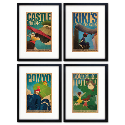 Collection of four high gloss Studio Ghibli film poster prints on A3 paper by Bubbadoodoo, featuring colorful, detailed artwork.