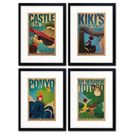 Collection of four high gloss Studio Ghibli film poster prints on A3 paper by Bubbadoodoo, featuring colorful, detailed artwork.