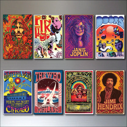 Set of 8 vintage 1960s and 70s psychedelic music posters fridge magnets by Bubbadoodoo, featuring colorful retro designs.