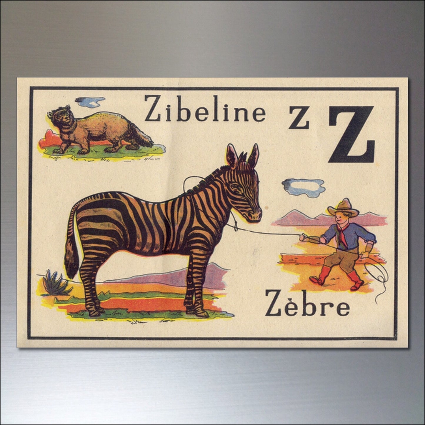 Set of 8 vintage French children's alphabet fridge magnets with colorful retro designs, perfect for kitchen decor.