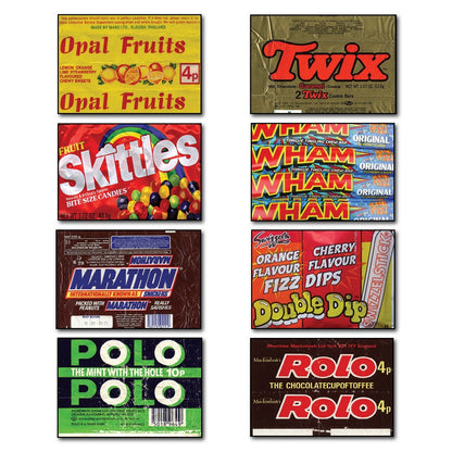 Set of 8 vintage 1970s and 80s nostalgic sweet wrapper fridge magnets, unbranded, featuring colorful retro candy designs.