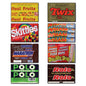 Set of 8 vintage 1970s and 80s nostalgic sweet wrapper fridge magnets, unbranded, featuring colorful retro candy designs.