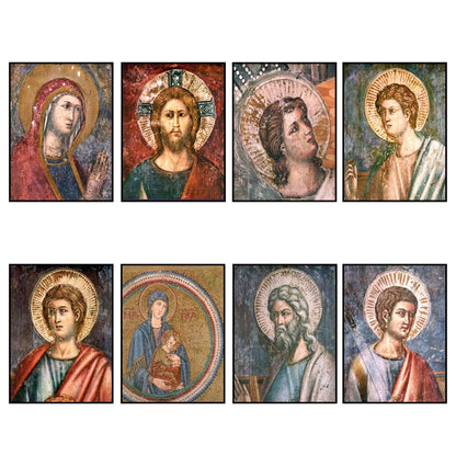 Set of 8 vintage religious art fridge magnets featuring saints and faith imagery, retro design, perfect for religious home decor.