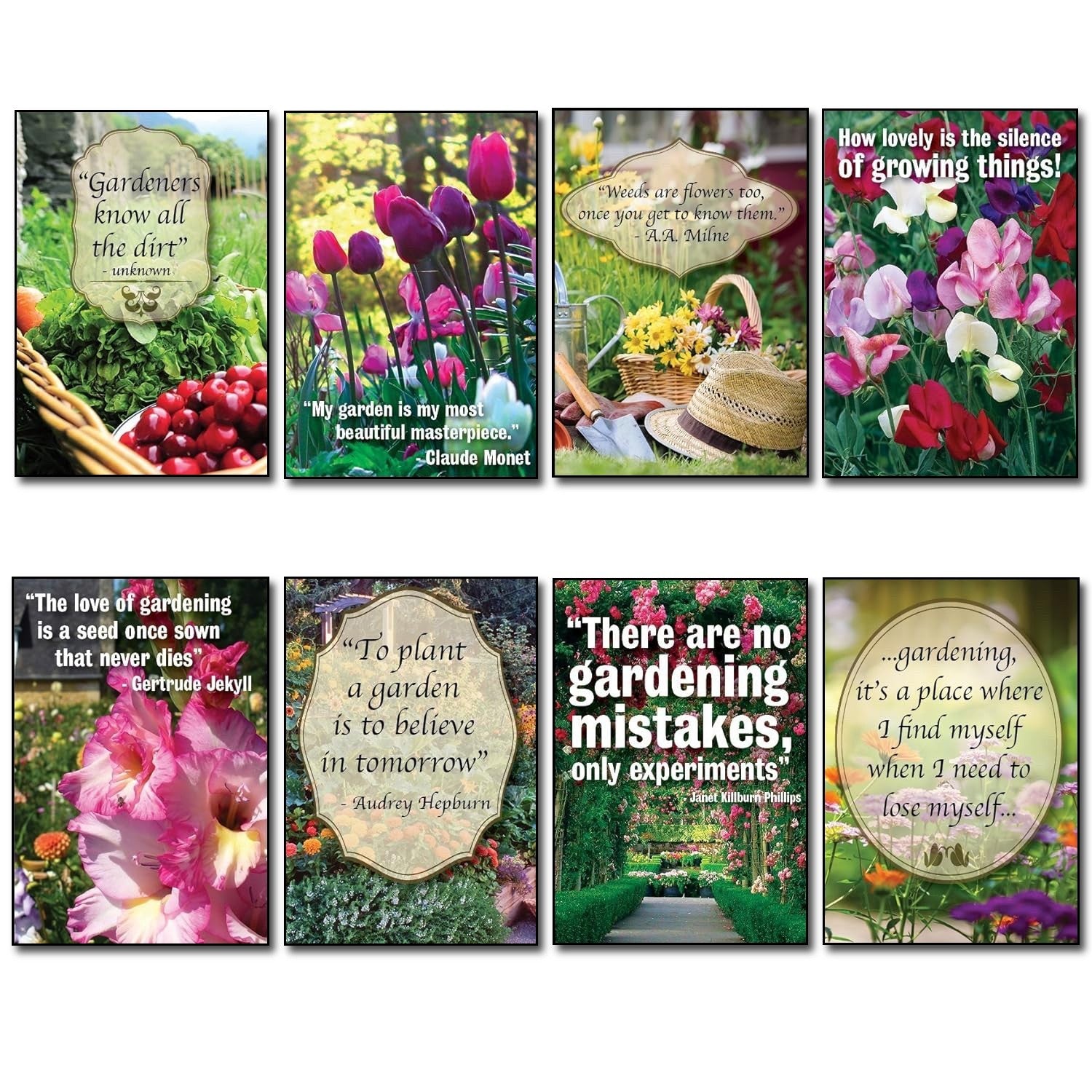 Set of 8 gardening inspiration quotes fridge magnets, featuring colorful designs and motivational messages for garden lovers.