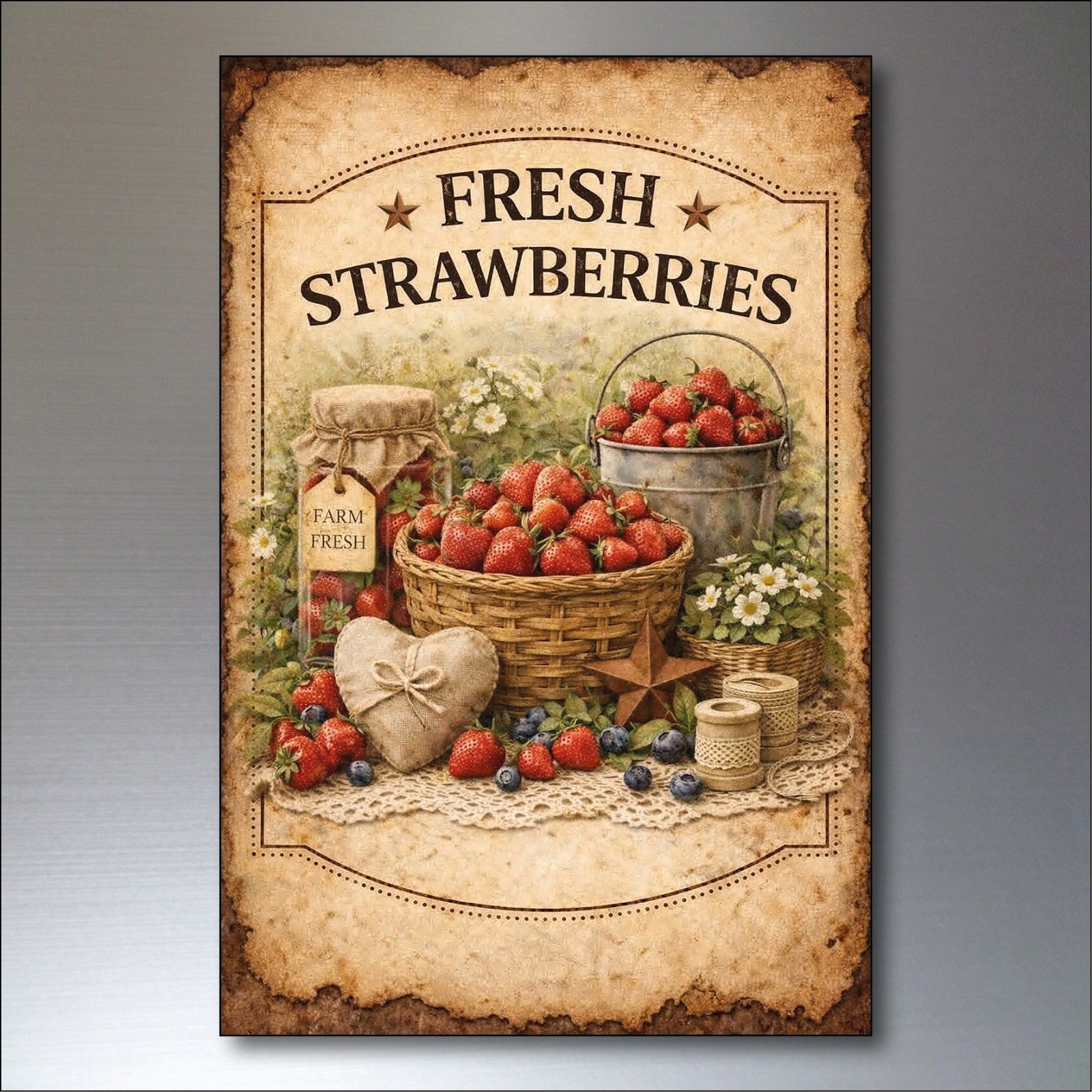 Set of six vintage Farm Foods fridge magnets featuring colorful produce and farm-themed illustrations, flexible and large in size.