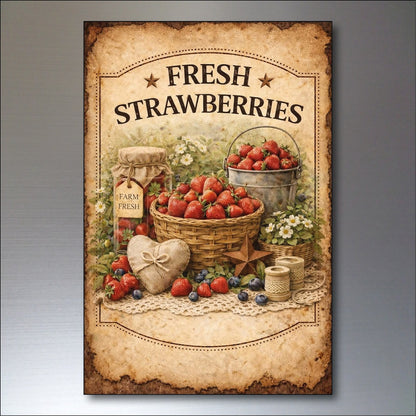 Set of six vintage Farm Foods fridge magnets featuring colorful produce and farm-themed illustrations, flexible and large in size.
